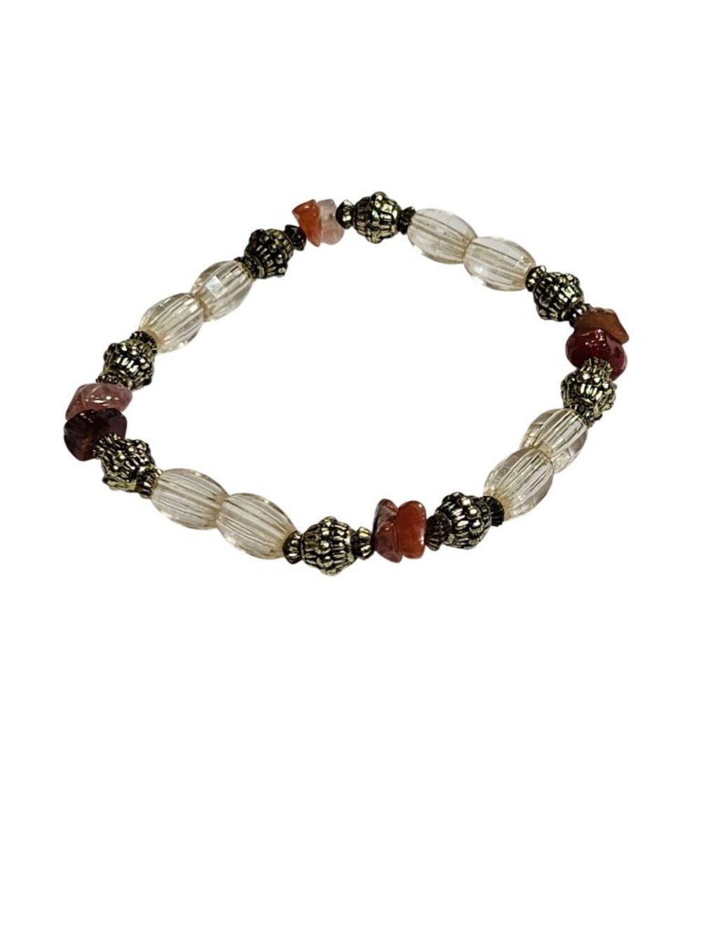 Plastic Stone Chip Silvertone Beaded Stretchy Bracelet 6.75 inches Unstretched